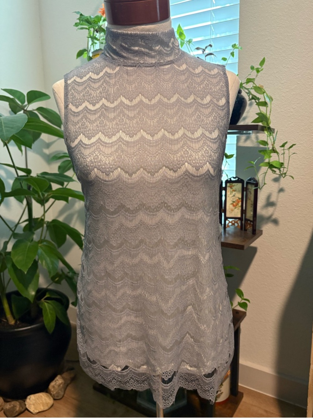 Banana Republic Lace Mock Neck Sleeveless Top light grey lace over white NWT SM